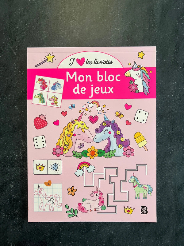 Mon bloc de jeux - j’aime les licornes