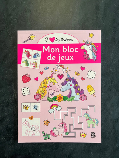 Mon bloc de jeux - j’aime les licornes